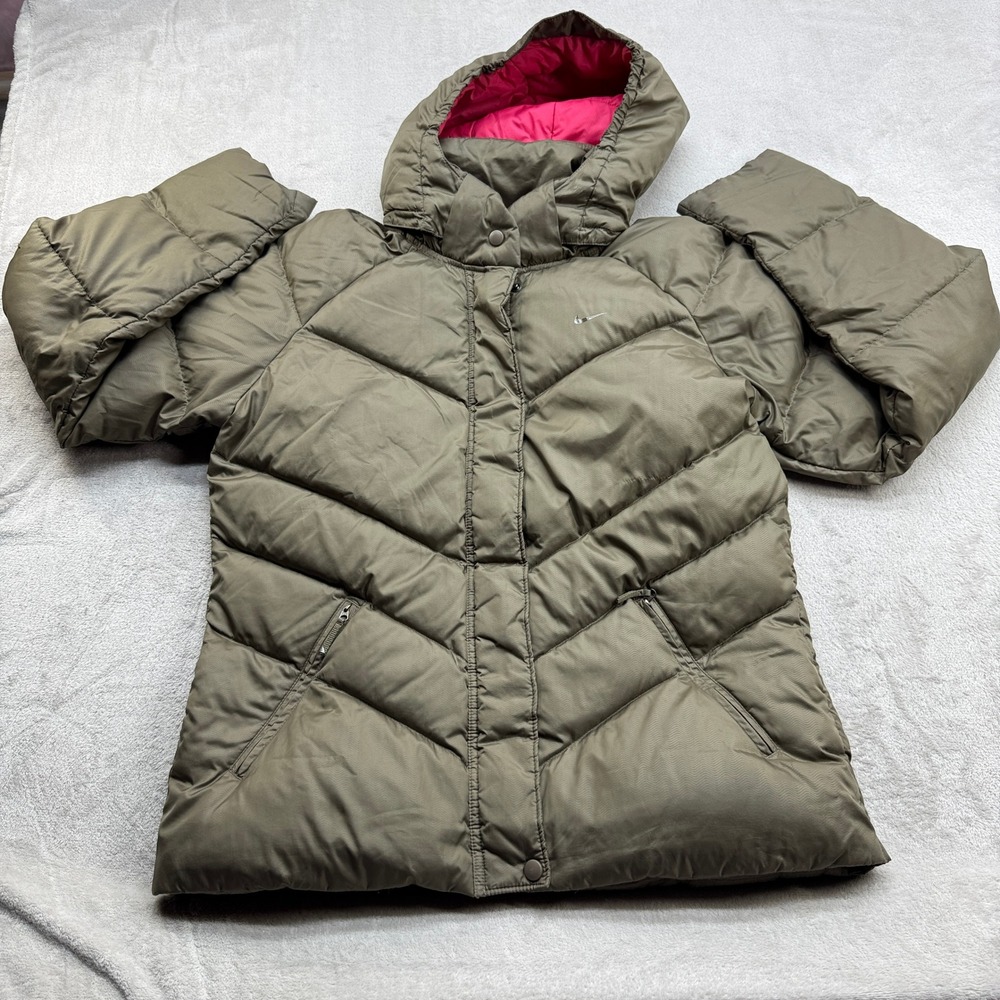 Nike Puffer Jacket Womens XL Olive Green Hood Down Fill Chevron Quilted Gorpcore